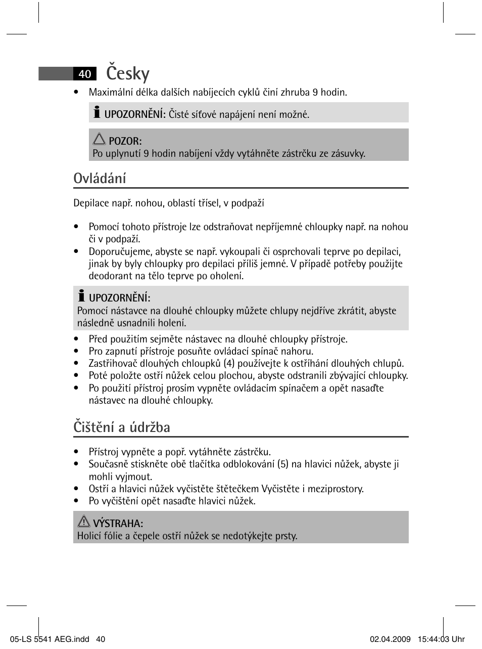 Česky, Ovládání, Čištění a údržba | AEG LS 5541 User Manual | Page 40 / 54