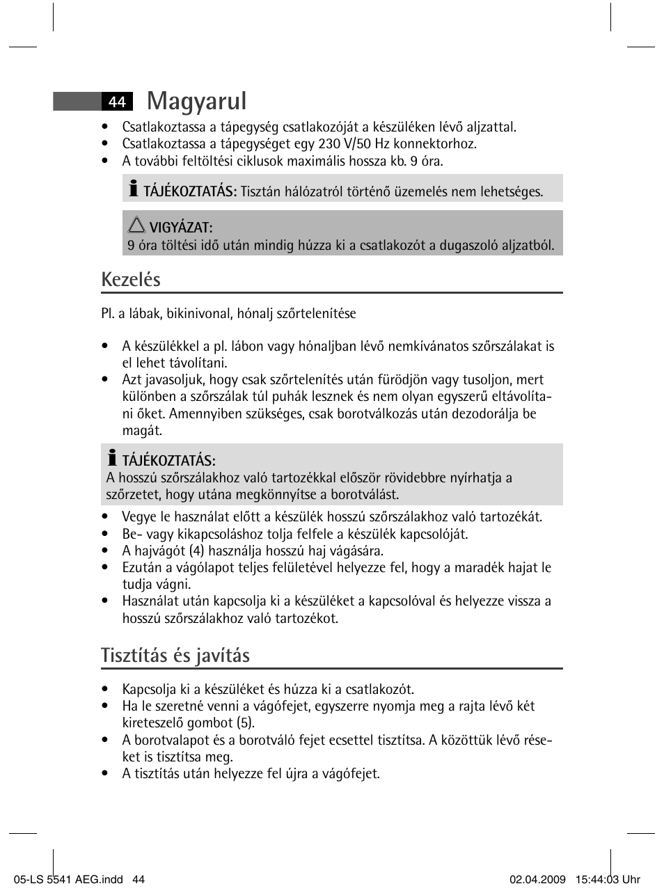 Magyarul, Kezelés, Tisztítás és javítás | AEG LS 5541 User Manual | Page 44 / 54