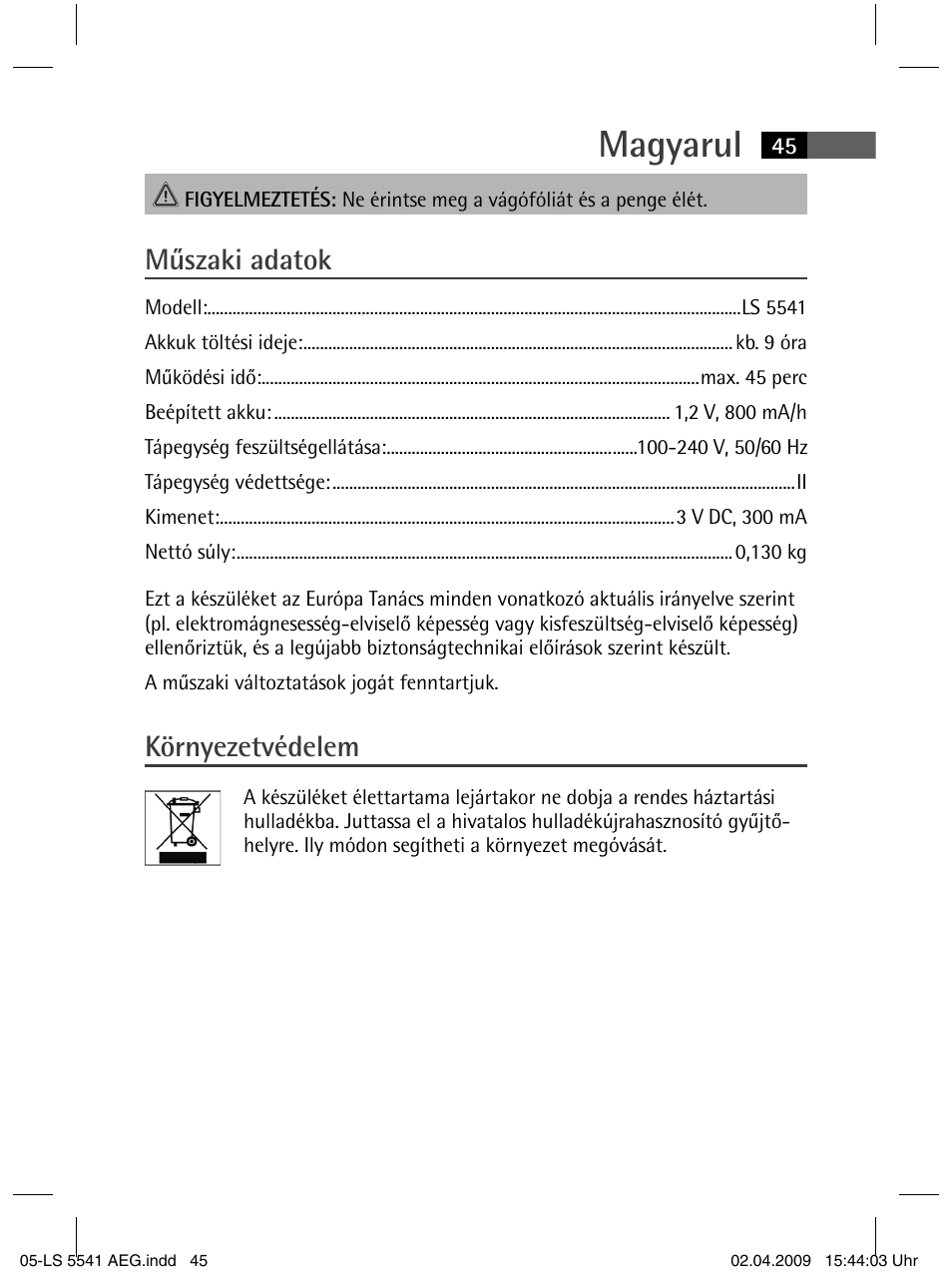 Magyarul, Műszaki adatok, Környezetvédelem | AEG LS 5541 User Manual | Page 45 / 54