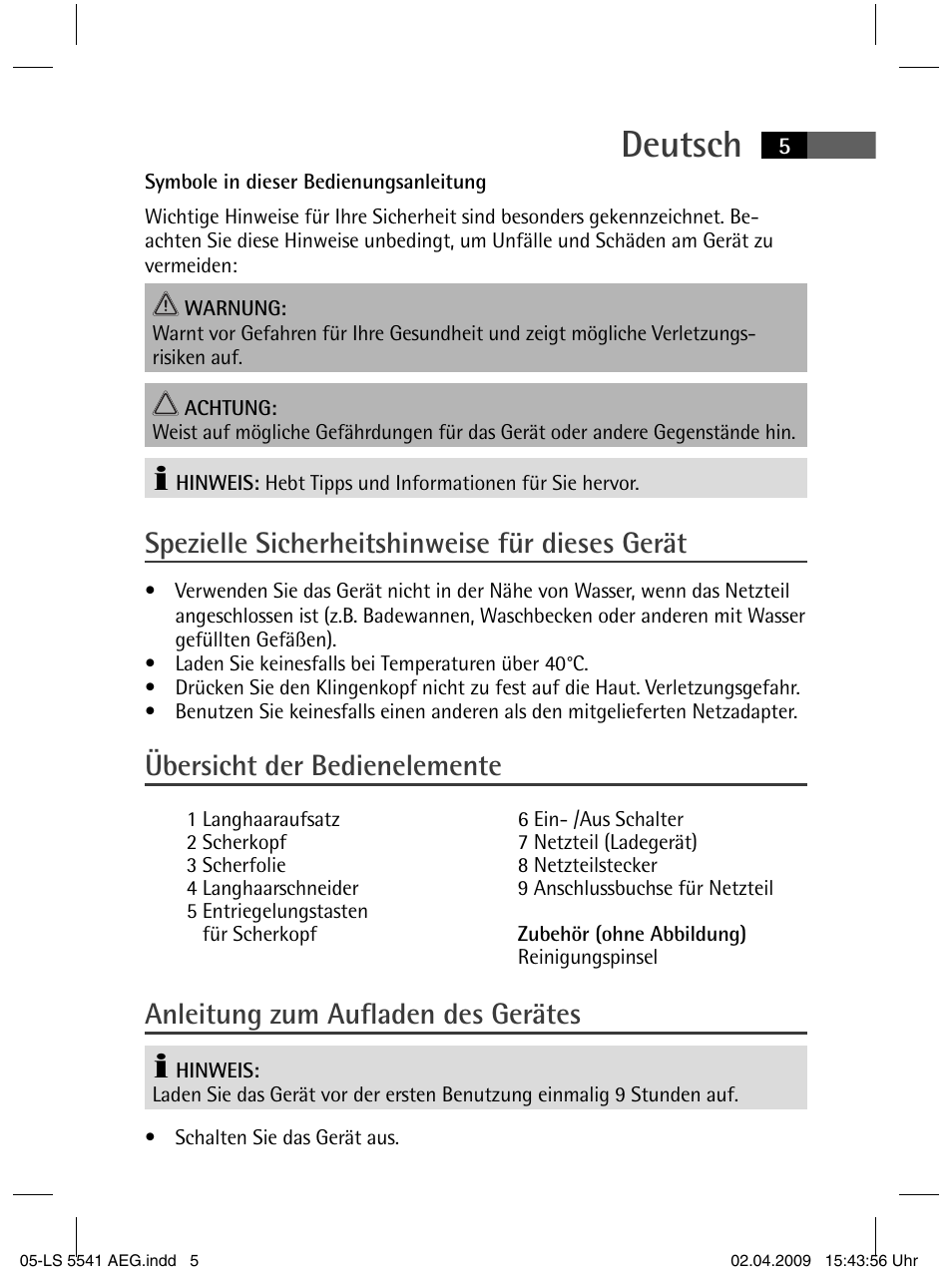 Deutsch, Spezielle sicherheitshinweise für dieses gerät, Übersicht der bedienelemente | Anleitung zum aufl aden des gerätes | AEG LS 5541 User Manual | Page 5 / 54