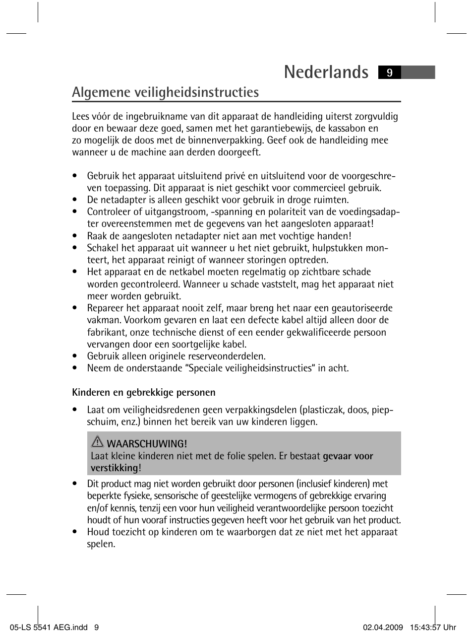 Nederlands, Algemene veiligheidsinstructies | AEG LS 5541 User Manual | Page 9 / 54