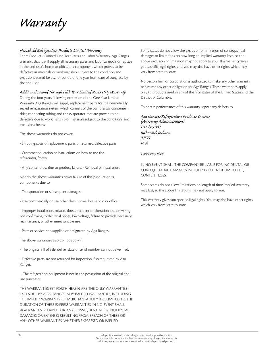 Warranty | Aga Ranges Aga 30AIM 115V User Manual | Page 15 / 17