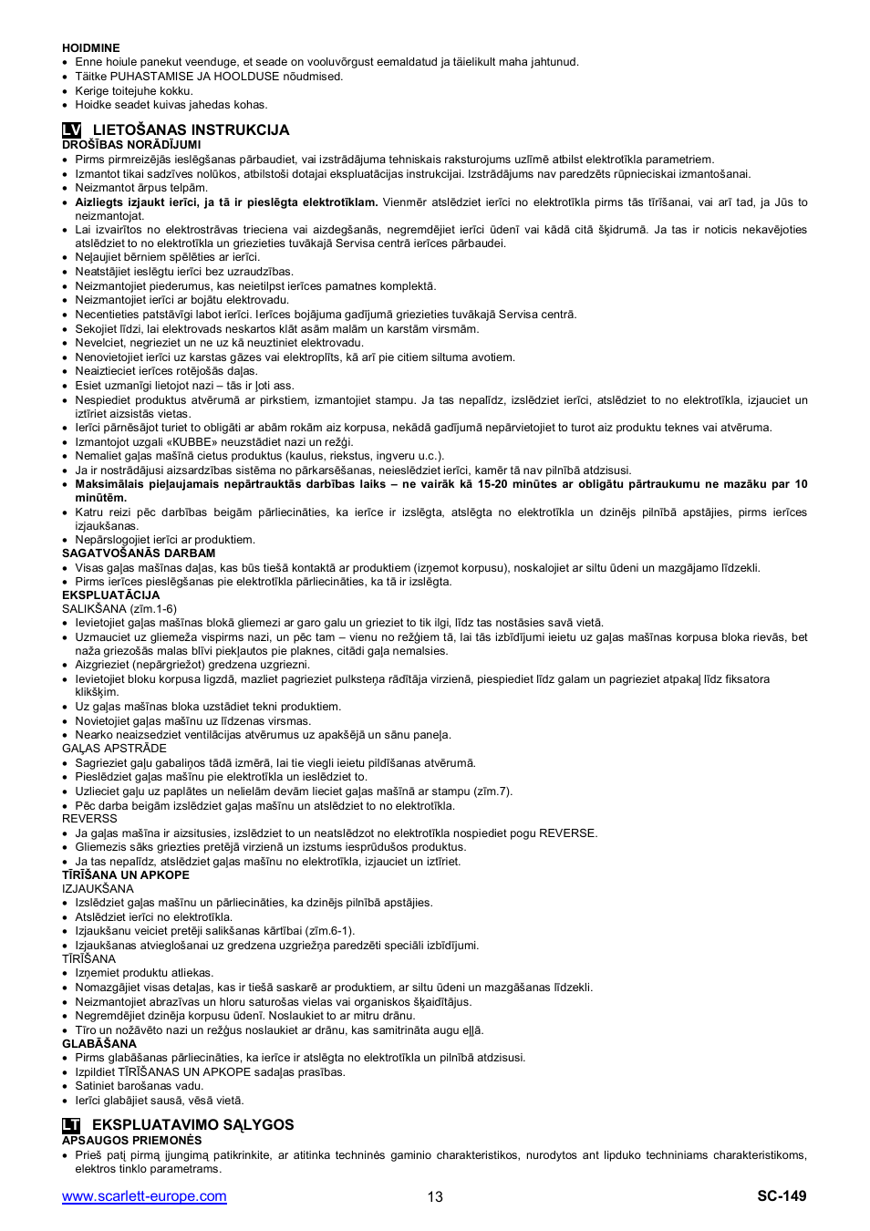 Lv lieto anas instrukcija, Lt ekspluatavimo s lygos | Scarlett SC-149 User Manual | Page 13 / 18