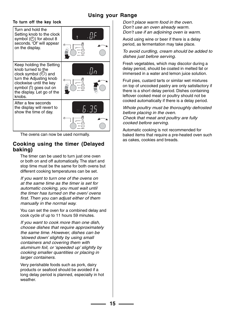 15 using your range, Cooking using the timer (delayed baking) | Aga Ranges U104601-01 User Manual | Page 15 / 52