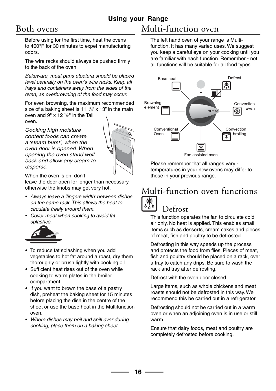 Both ovens, Multi-function oven, Multi-function oven functions | Defrost, 16 using your range | Aga Ranges U104601-01 User Manual | Page 16 / 52