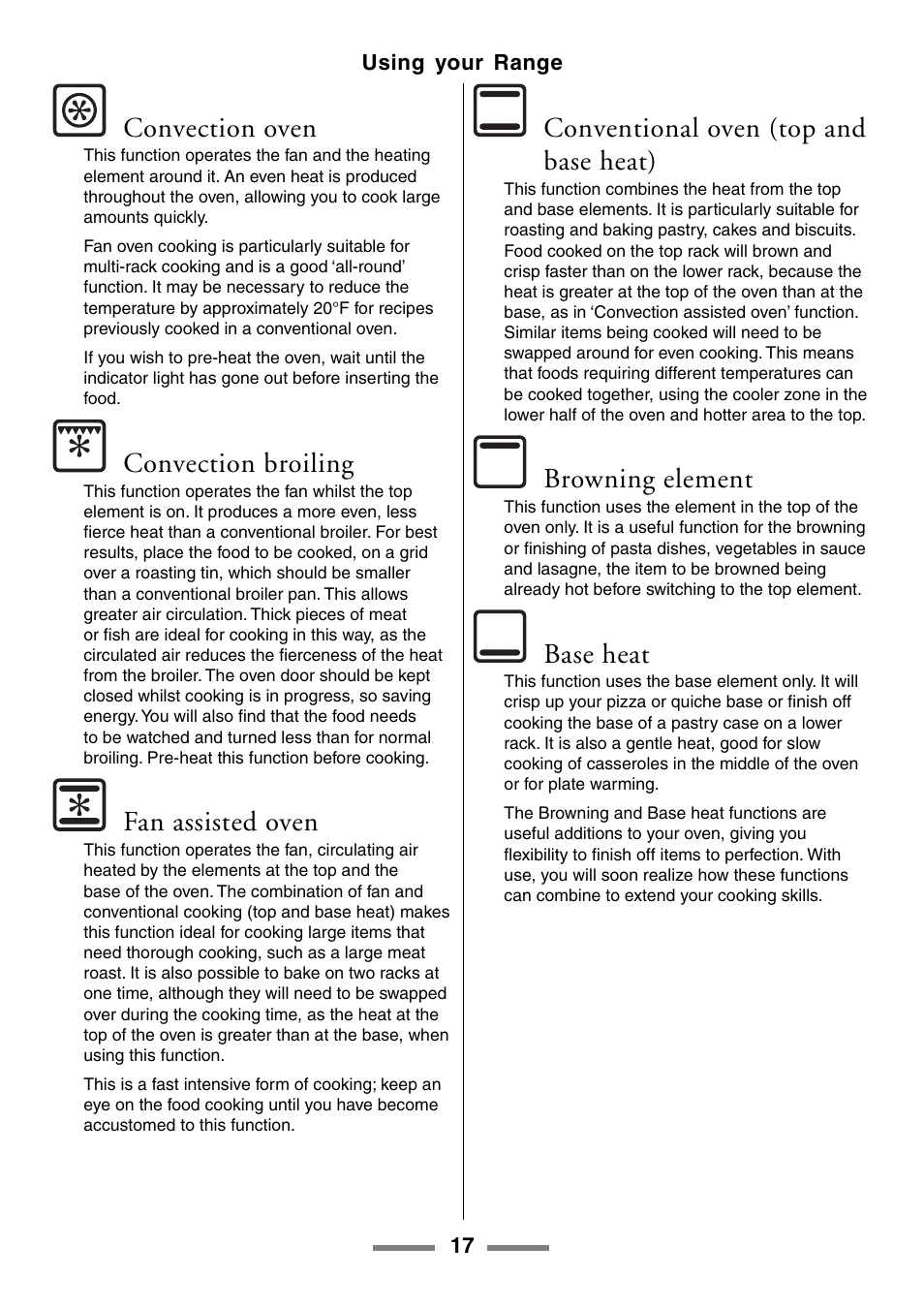Convection oven, Convection broiling, Fan assisted oven | Conventional oven (top and base heat), Browning element, Base heat | Aga Ranges U104601-01 User Manual | Page 17 / 52