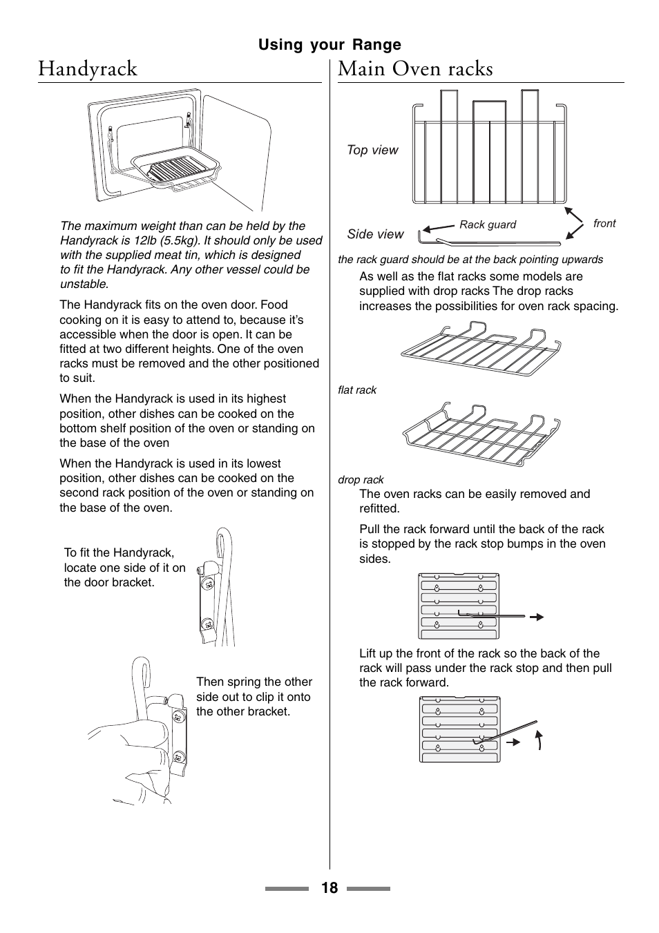 Handyrack, Main oven racks, 18 using your range | Aga Ranges U104601-01 User Manual | Page 18 / 52