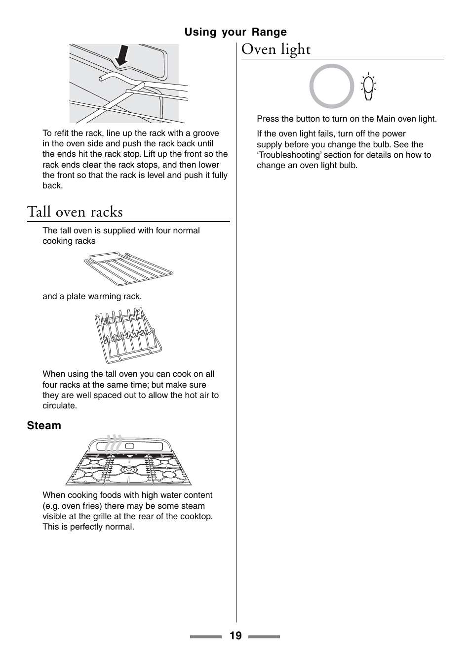 Tall oven racks, Oven light, 19 using your range | Steam | Aga Ranges U104601-01 User Manual | Page 19 / 52
