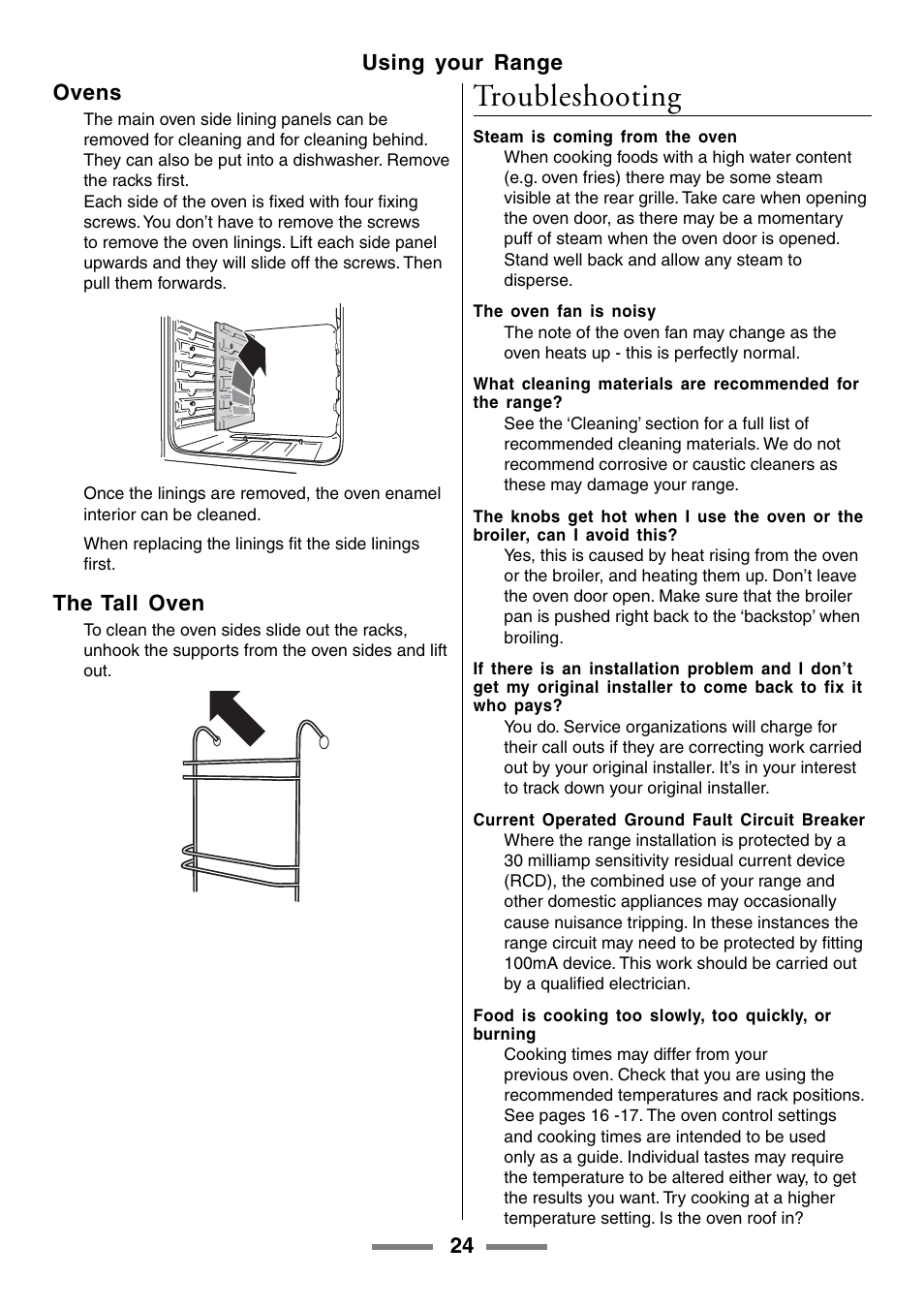 Troubleshooting, 24 using your range ovens, The tall oven | Aga Ranges U104601-01 User Manual | Page 24 / 52