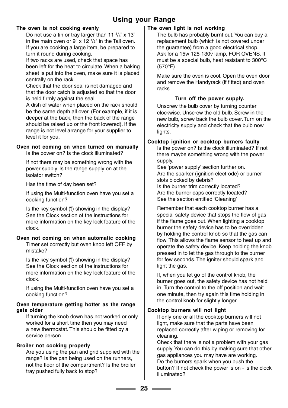 25 using your range | Aga Ranges U104601-01 User Manual | Page 25 / 52
