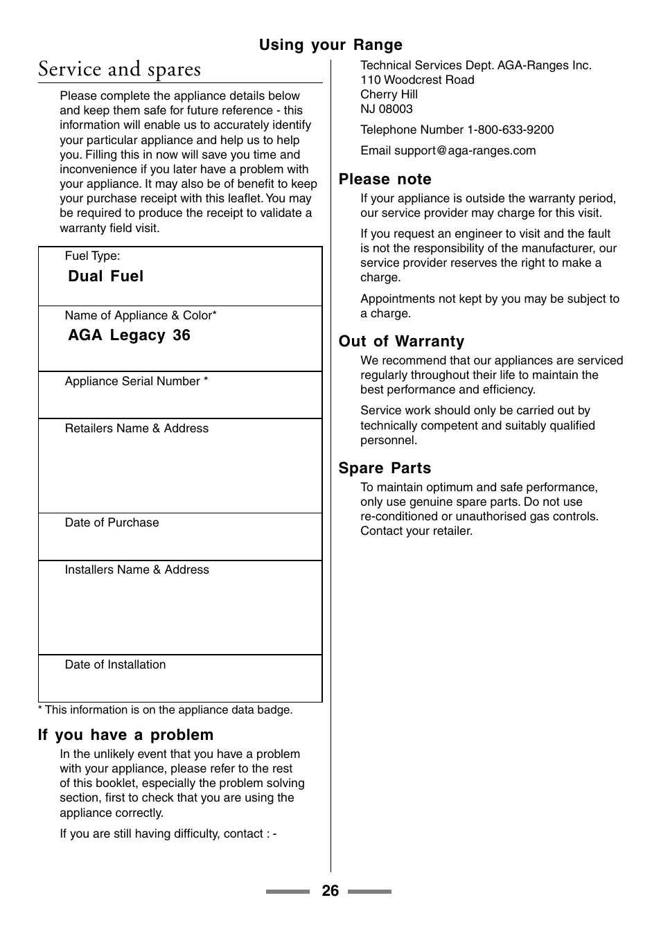 Service and spares | Aga Ranges U104601-01 User Manual | Page 26 / 52