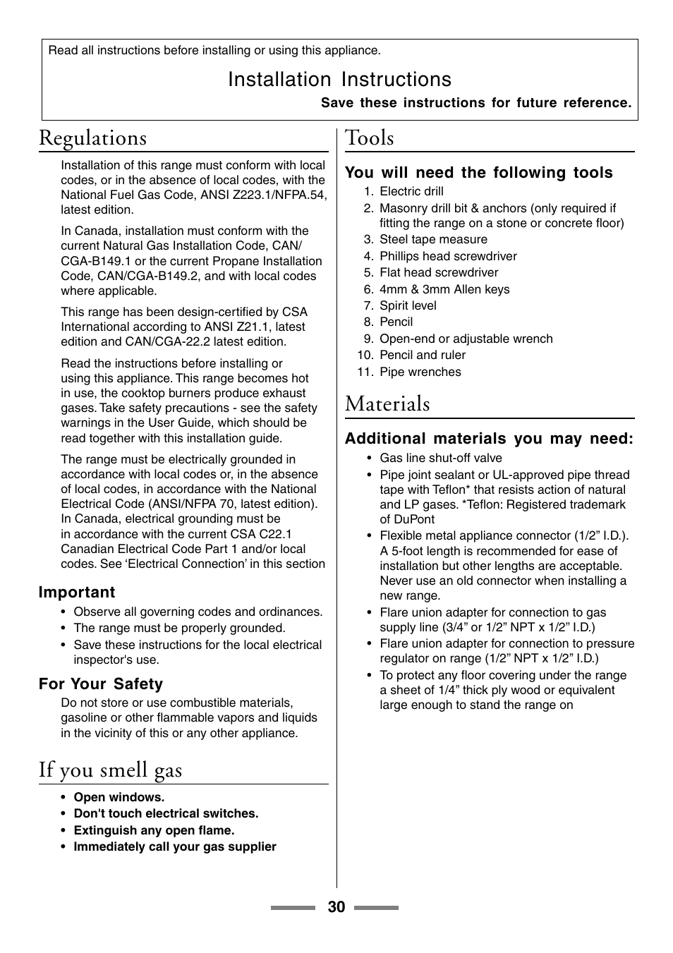Regulations, If you smell gas, Tools | Materials, Installation instructions | Aga Ranges U104601-01 User Manual | Page 30 / 52