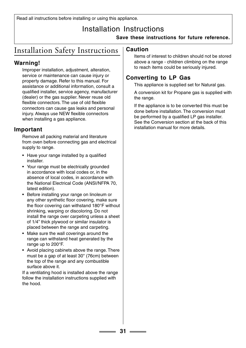 Installation safety instructions, Installation instructions | Aga Ranges U104601-01 User Manual | Page 31 / 52
