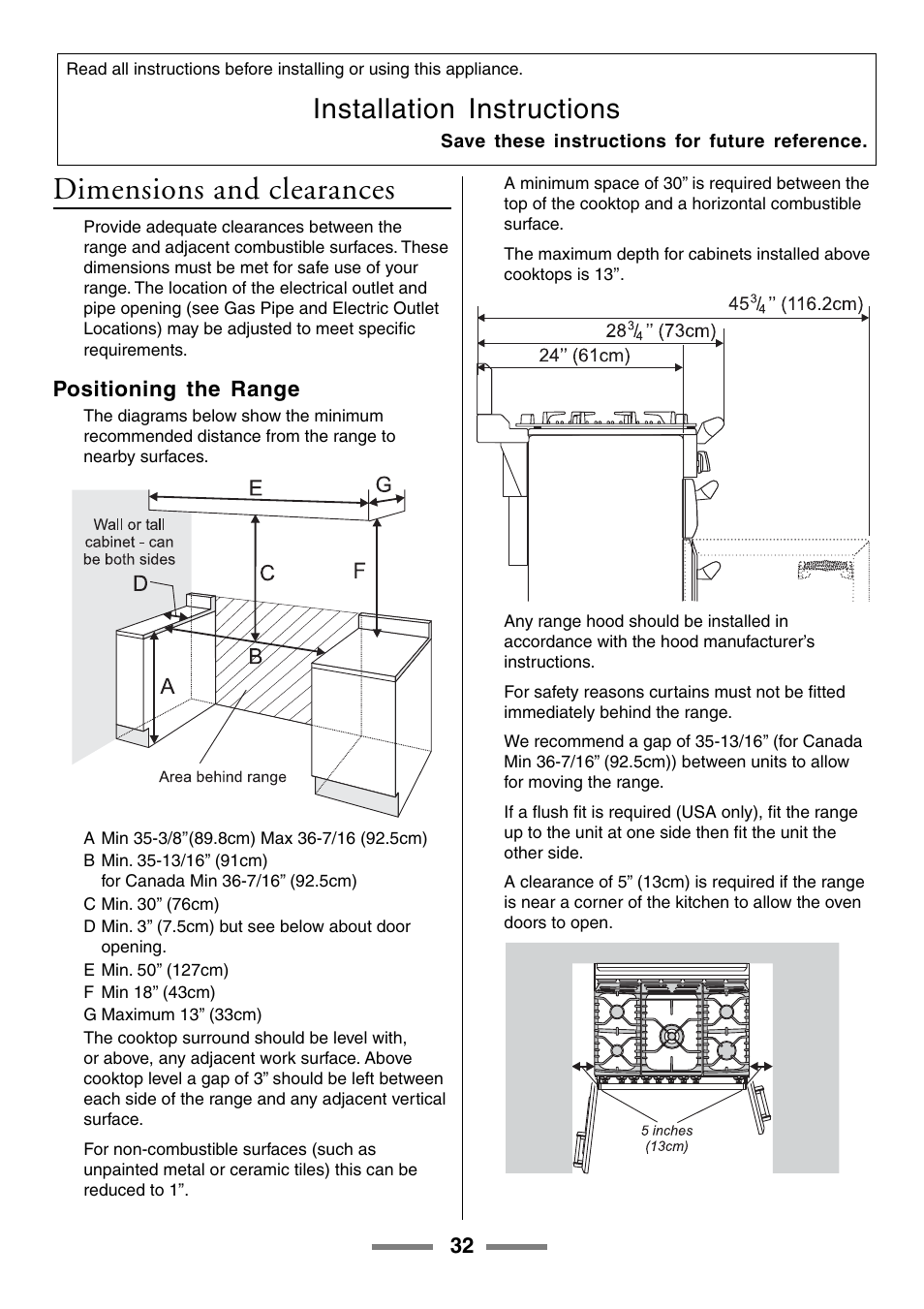 Dimensions and clearances, Installation instructions, Positioning the range | Aga Ranges U104601-01 User Manual | Page 32 / 52