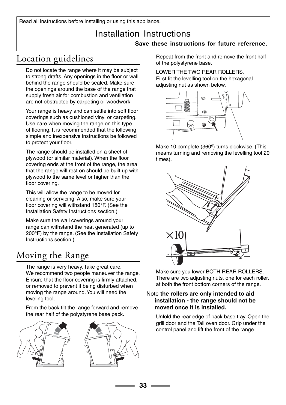 Location guidelines, Moving the range, Installation instructions | Aga Ranges U104601-01 User Manual | Page 33 / 52