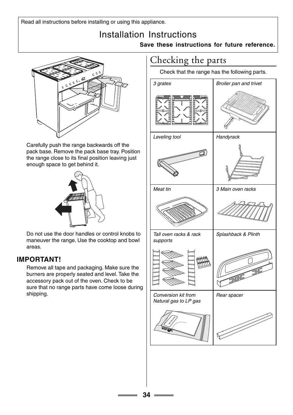 Checking the parts, Installation instructions, Important | Aga Ranges U104601-01 User Manual | Page 34 / 52