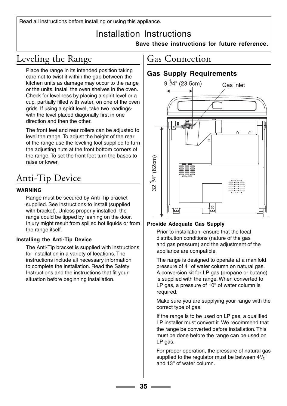 Leveling the range, Anti-tip device, Gas connection | Installation instructions | Aga Ranges U104601-01 User Manual | Page 35 / 52