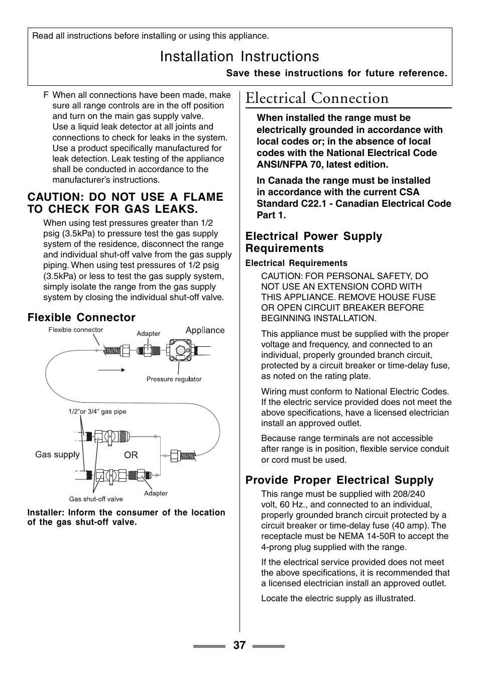 Electrical connection, Installation instructions | Aga Ranges U104601-01 User Manual | Page 37 / 52