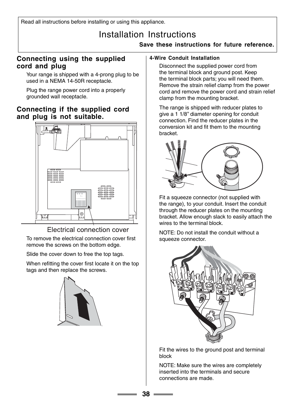 Installation instructions, Connecting using the supplied cord and plug | Aga Ranges U104601-01 User Manual | Page 38 / 52