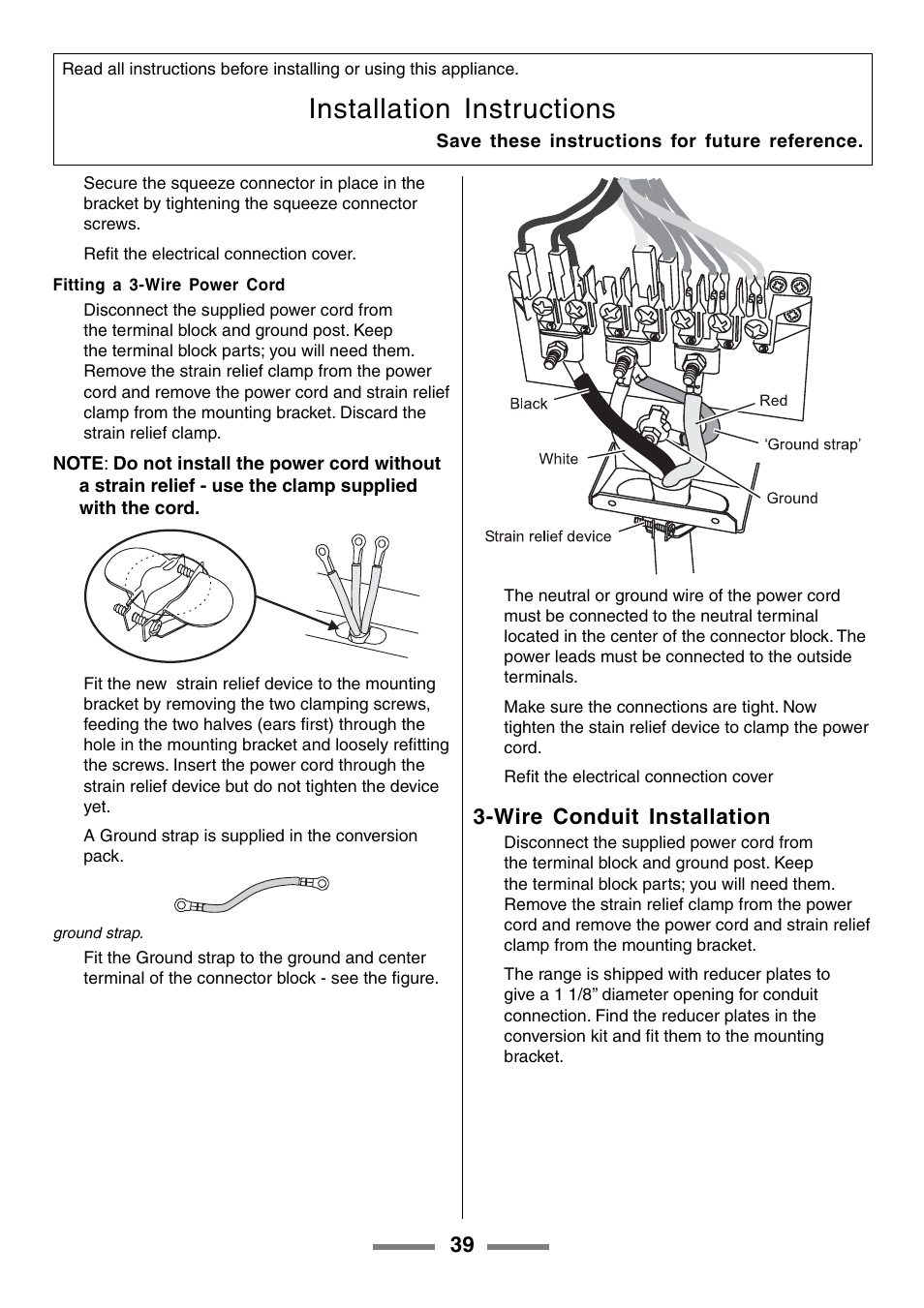 Installation instructions, Wire conduit installation | Aga Ranges U104601-01 User Manual | Page 39 / 52