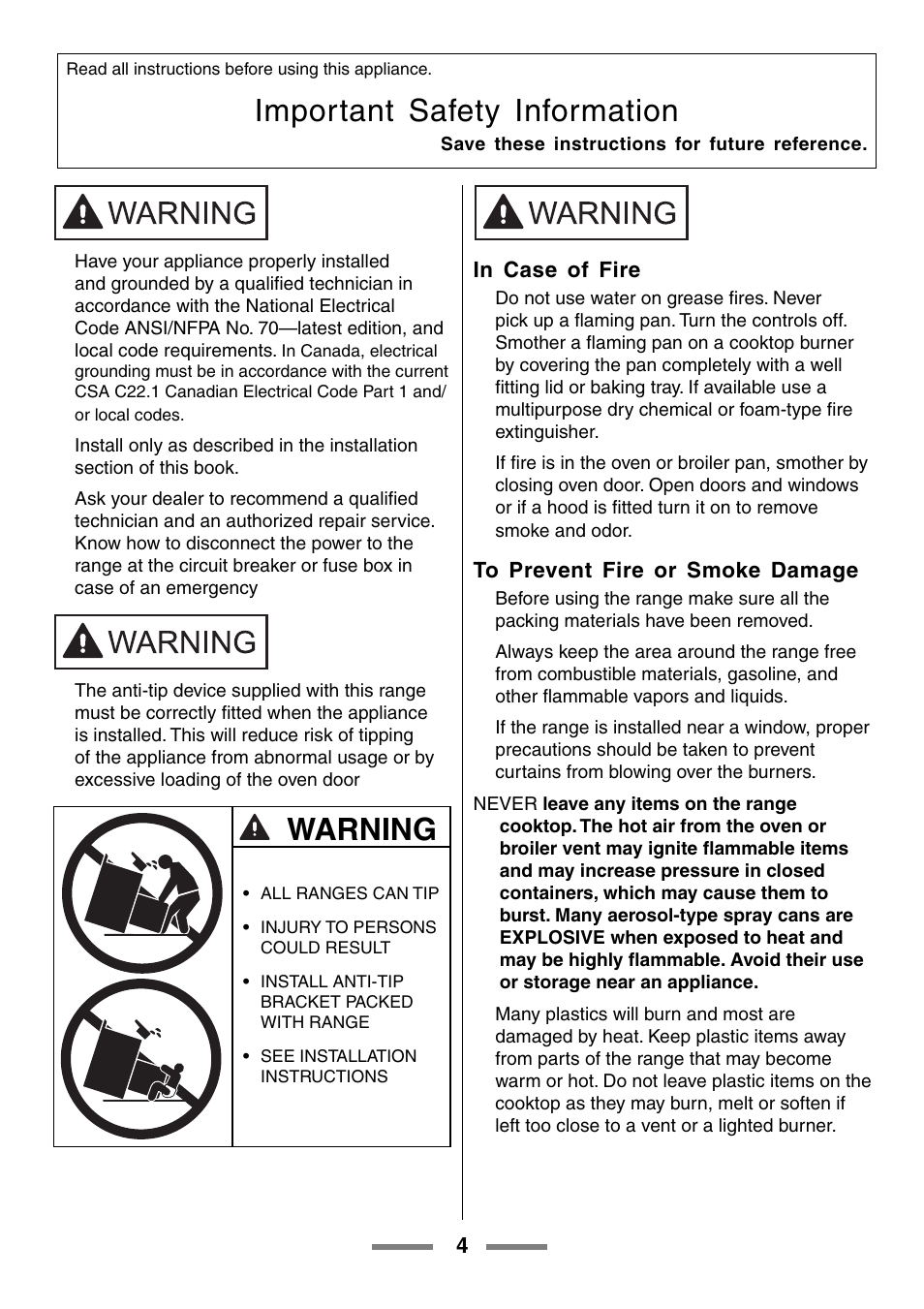 Important safety information, Warning | Aga Ranges U104601-01 User Manual | Page 4 / 52