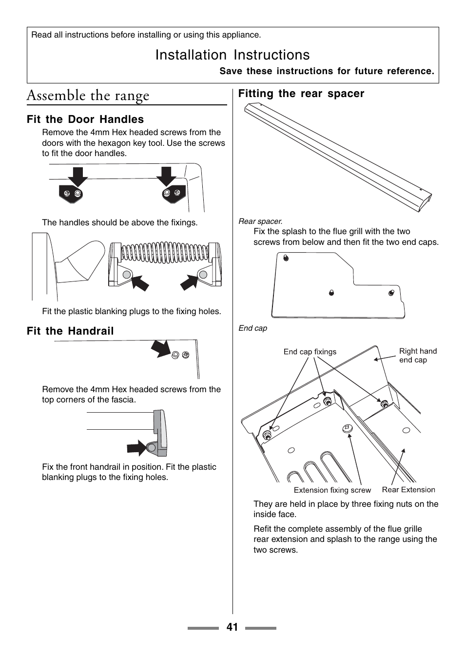 Assemble the range, Installation instructions, Fit the door handles | Fit the handrail, Fitting the rear spacer | Aga Ranges U104601-01 User Manual | Page 41 / 52