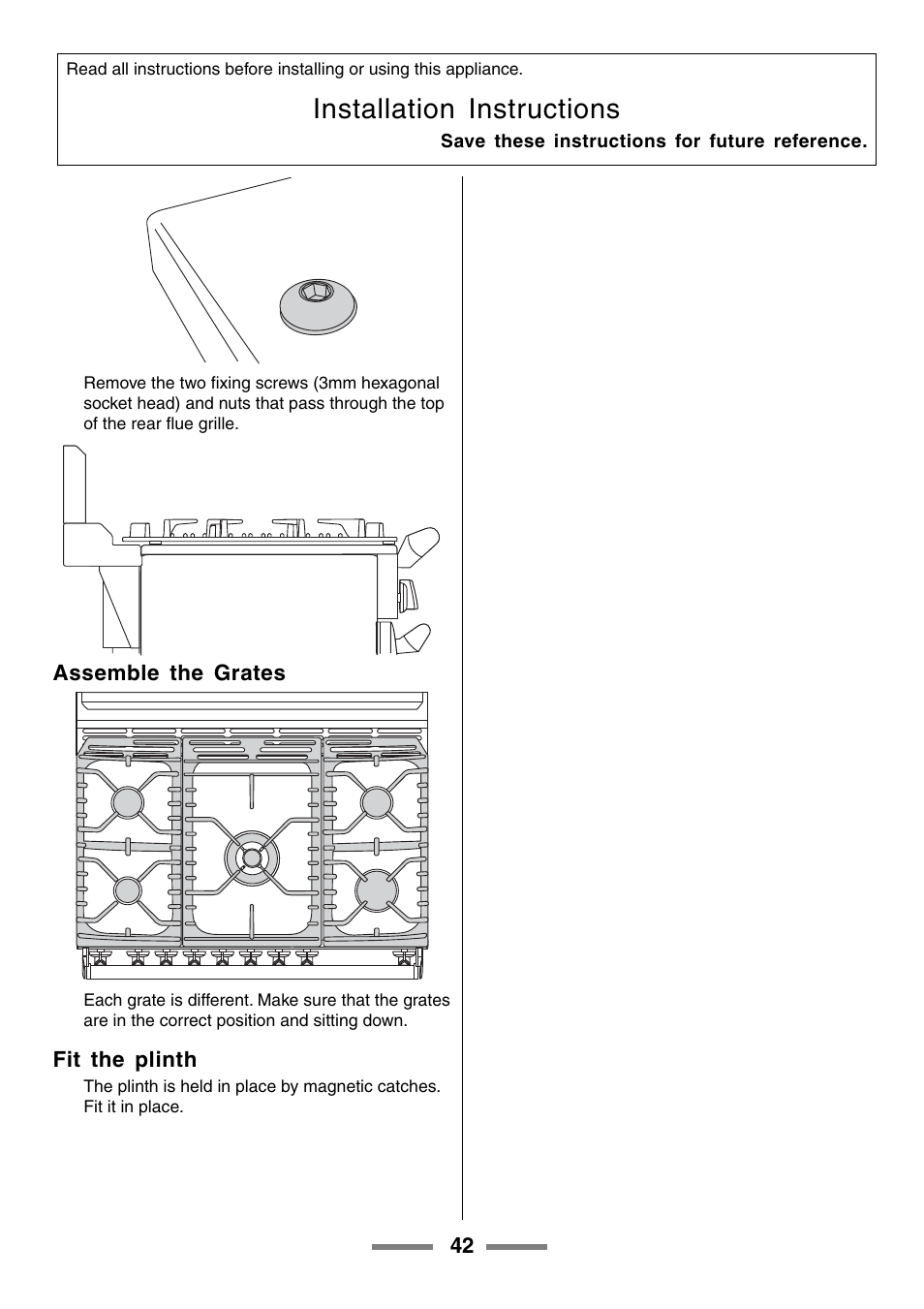 Installation instructions, Assemble the grates, Fit the plinth | Aga Ranges U104601-01 User Manual | Page 42 / 52