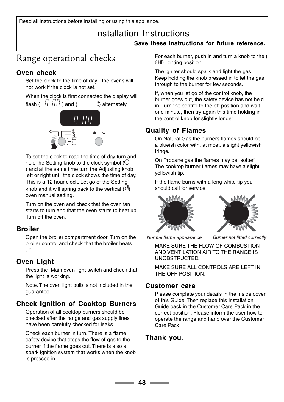Range operational checks, Installation instructions | Aga Ranges U104601-01 User Manual | Page 43 / 52