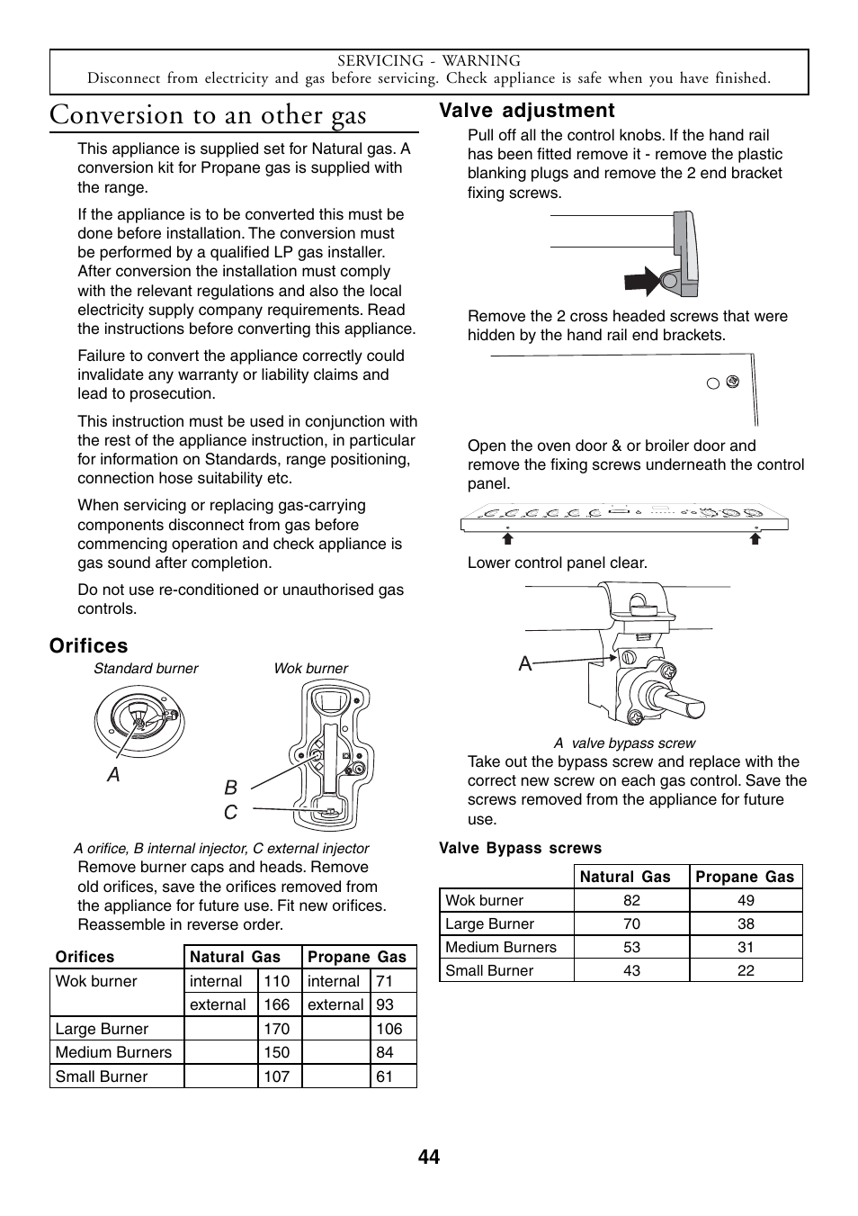 Conversion to an other gas, Orifices, Valve adjustment | Aga Ranges U104601-01 User Manual | Page 44 / 52