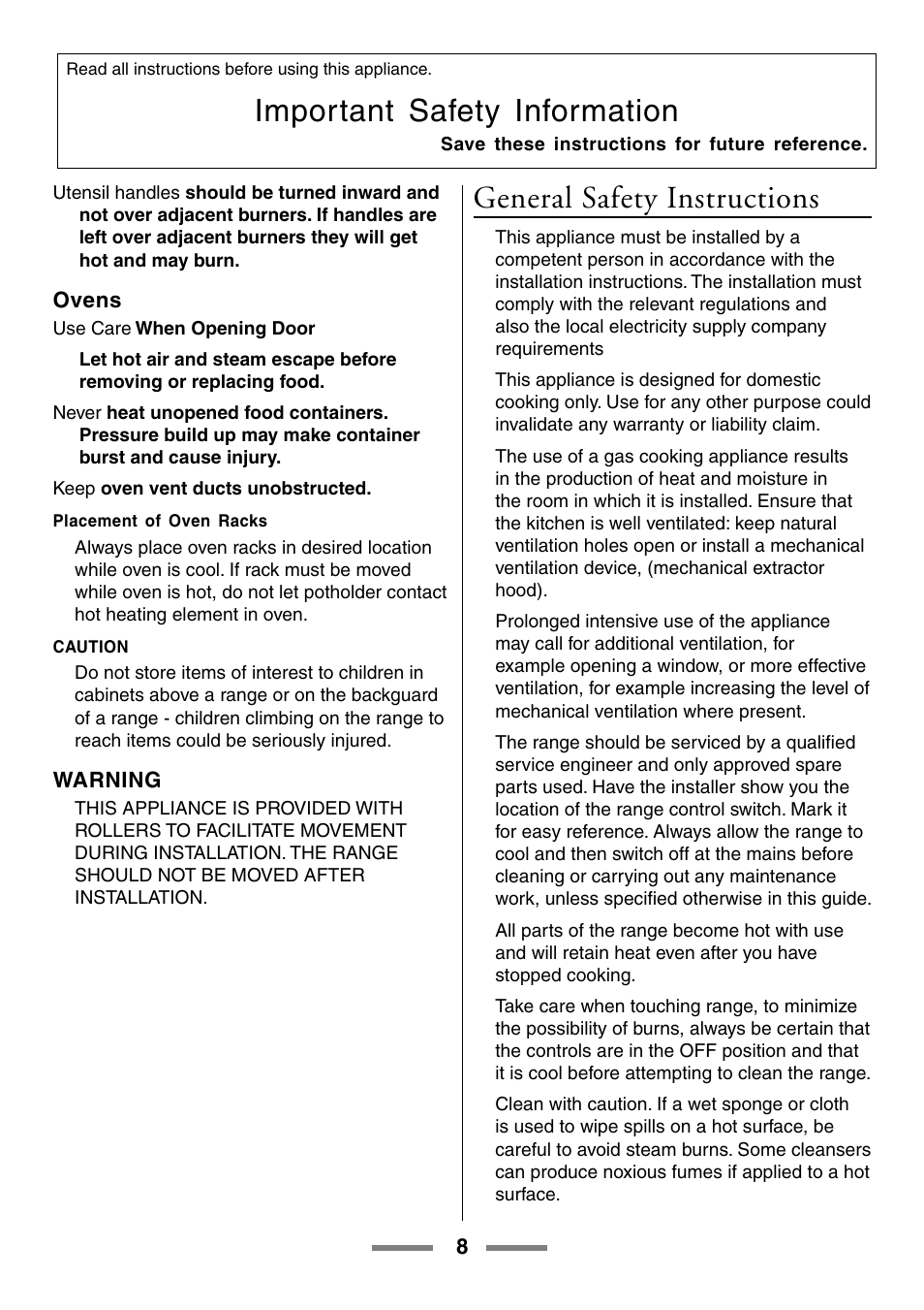 Important safety information, General safety instructions | Aga Ranges U104601-01 User Manual | Page 8 / 52