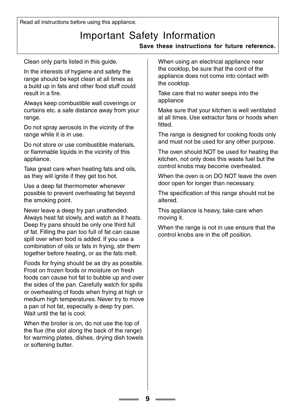 Important safety information | Aga Ranges U104601-01 User Manual | Page 9 / 52