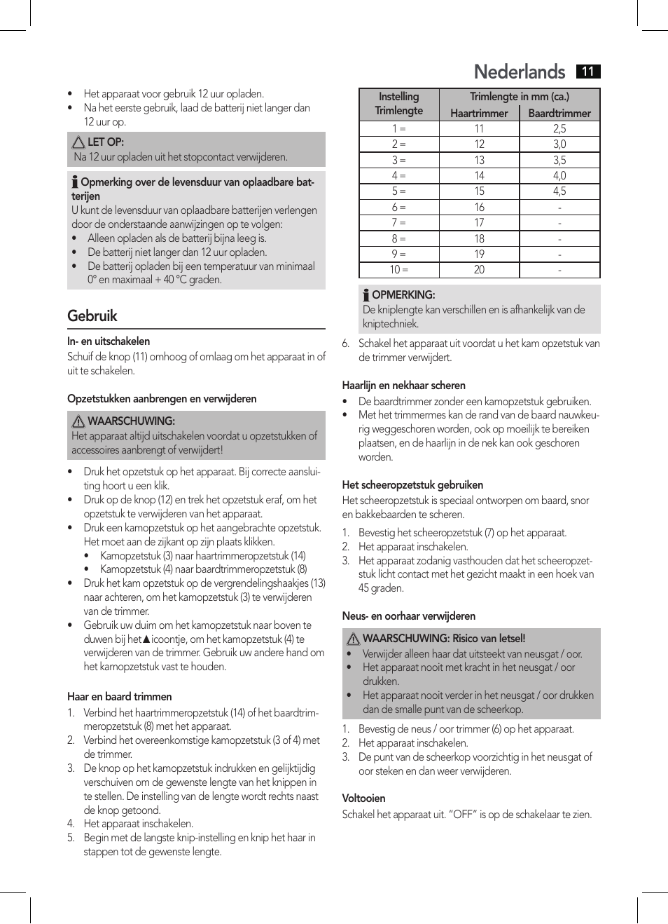 Nederlands, Gebruik | AEG BHT 5640 User Manual | Page 11 / 54