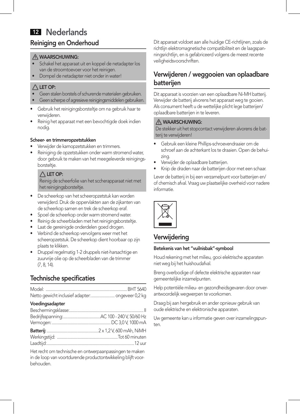 Nederlands, Reiniging en onderhoud, Technische specificaties | Verwijderen / weggooien van oplaadbare batterijen, Verwijdering | AEG BHT 5640 User Manual | Page 12 / 54
