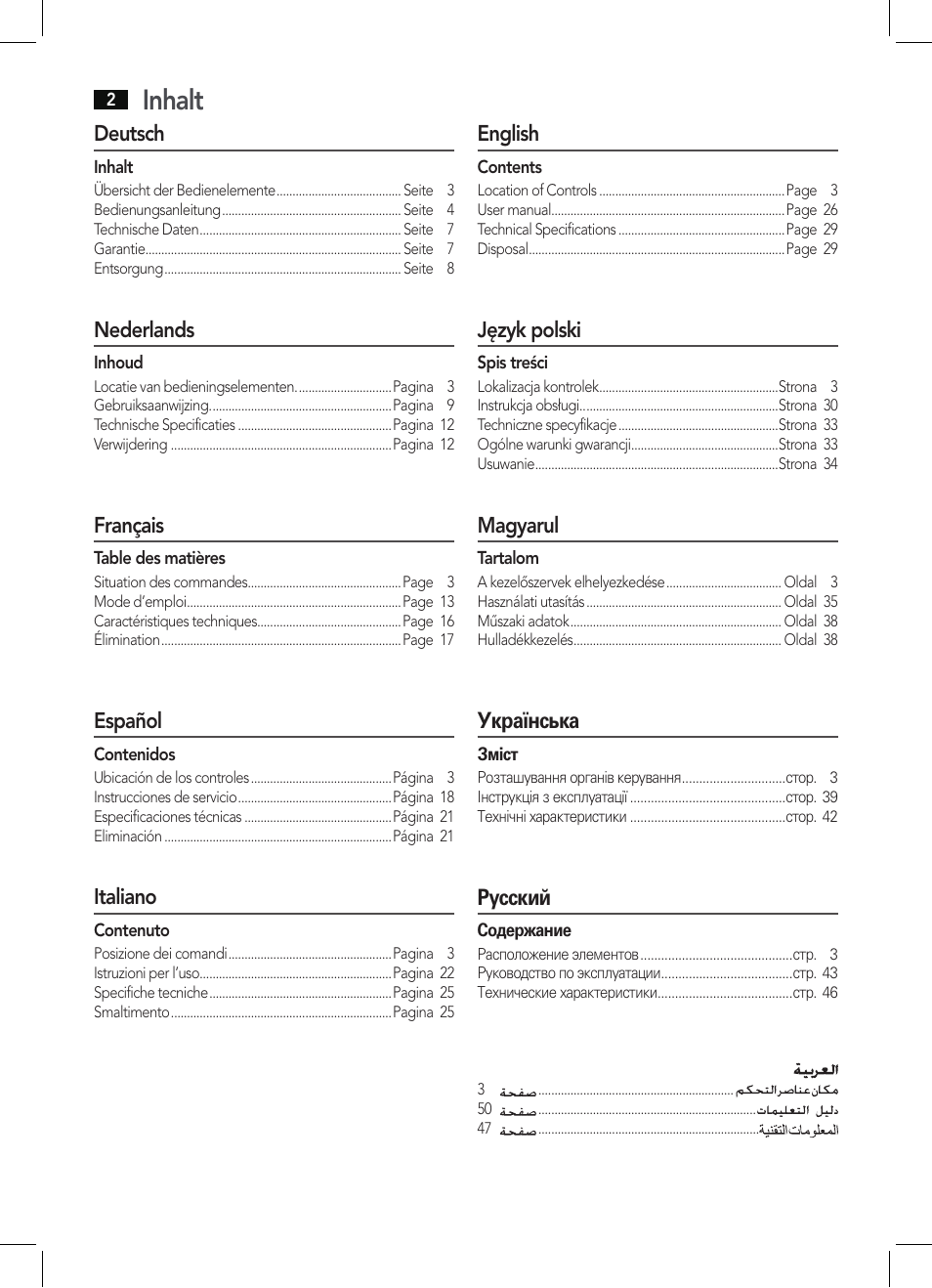 Inhalt, Deutsch, Nederlands | Français, Español, Italiano, English, Język polski, Magyarul, Українська | AEG BHT 5640 User Manual | Page 2 / 54