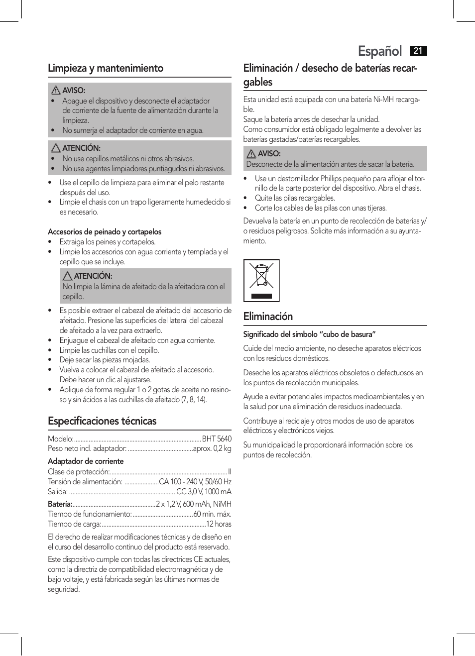 Español, Limpieza y mantenimiento, Especificaciones técnicas | Eliminación / desecho de baterías recar- gables, Eliminación | AEG BHT 5640 User Manual | Page 21 / 54