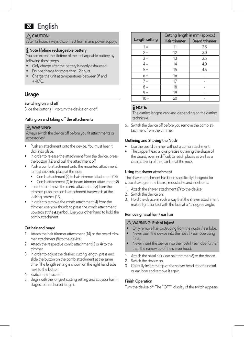 English, Usage | AEG BHT 5640 User Manual | Page 28 / 54