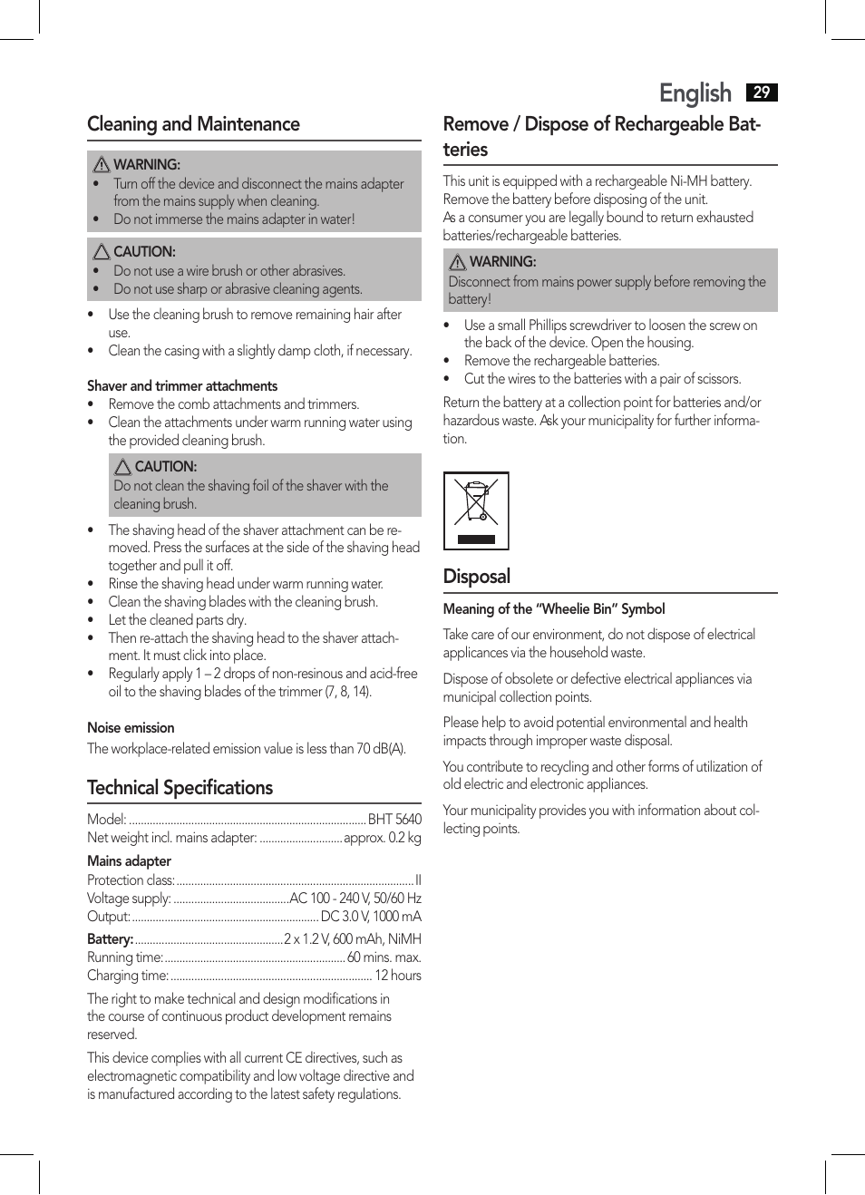English, Cleaning and maintenance, Technical specifications | Remove / dispose of rechargeable bat- teries, Disposal | AEG BHT 5640 User Manual | Page 29 / 54