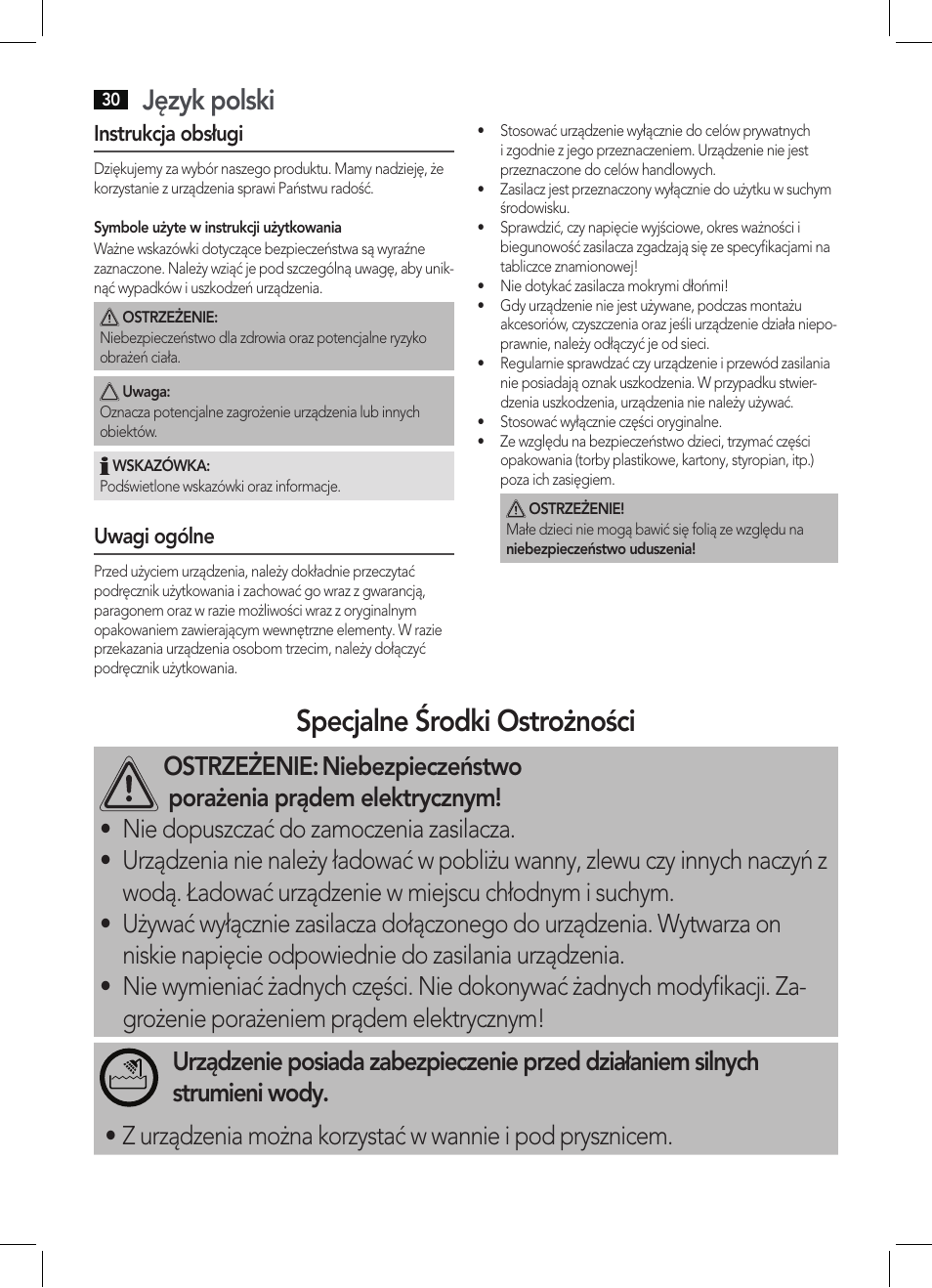 Specjalne środki ostrożności, Język polski, Ostrzeżenie | AEG BHT 5640 User Manual | Page 30 / 54