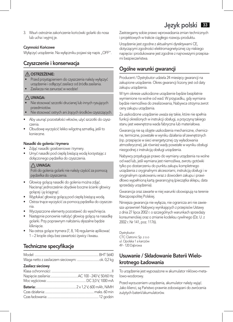 Język polski, Czyszczenie i konserwacja, Techniczne specyfikacje | Ogólne warunki gwarancji | AEG BHT 5640 User Manual | Page 33 / 54