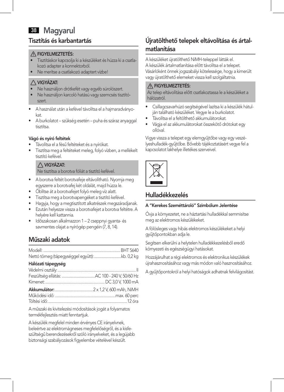 Magyarul, Tisztítás és karbantartás, Műszaki adatok | Hulladékkezelés | AEG BHT 5640 User Manual | Page 38 / 54