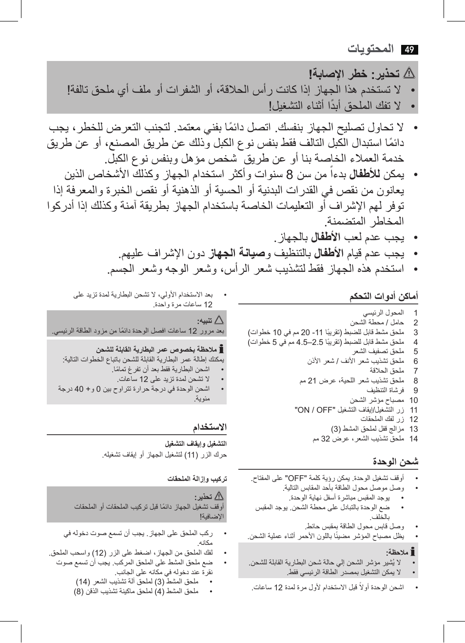 تايوتحملا, مكحتلا تاودأ نكامأ, ةدحولا نحش | مادختسلاا | AEG BHT 5640 User Manual | Page 49 / 54