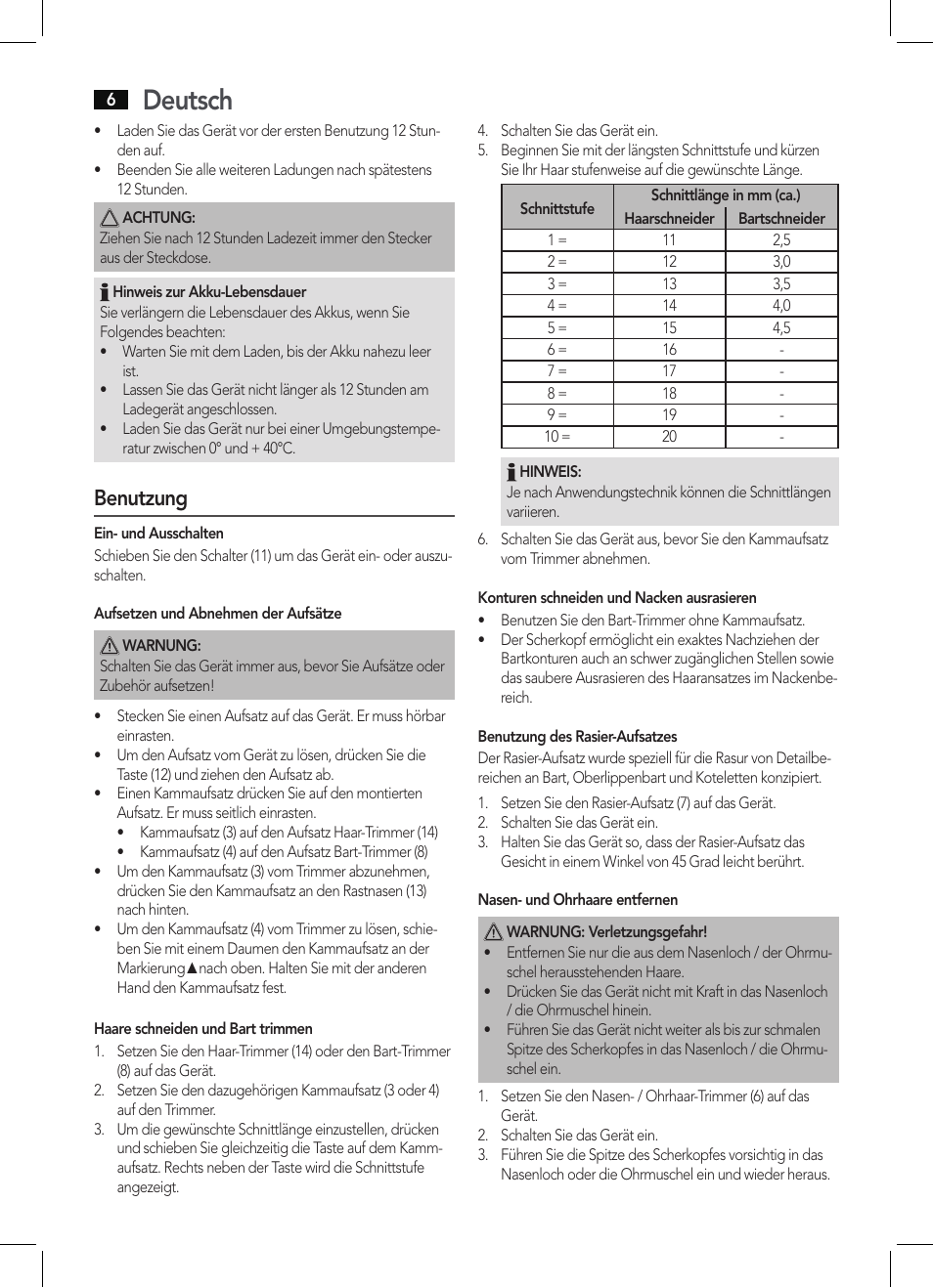 Deutsch, Benutzung | AEG BHT 5640 User Manual | Page 6 / 54