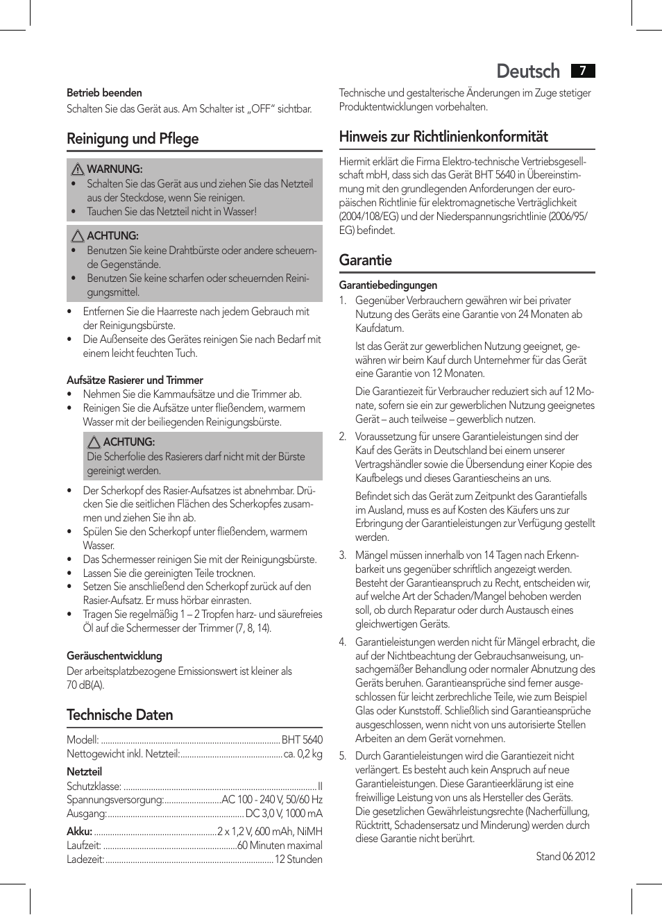 Deutsch, Reinigung und pflege, Technische daten | Hinweis zur richtlinienkonformität, Garantie | AEG BHT 5640 User Manual | Page 7 / 54