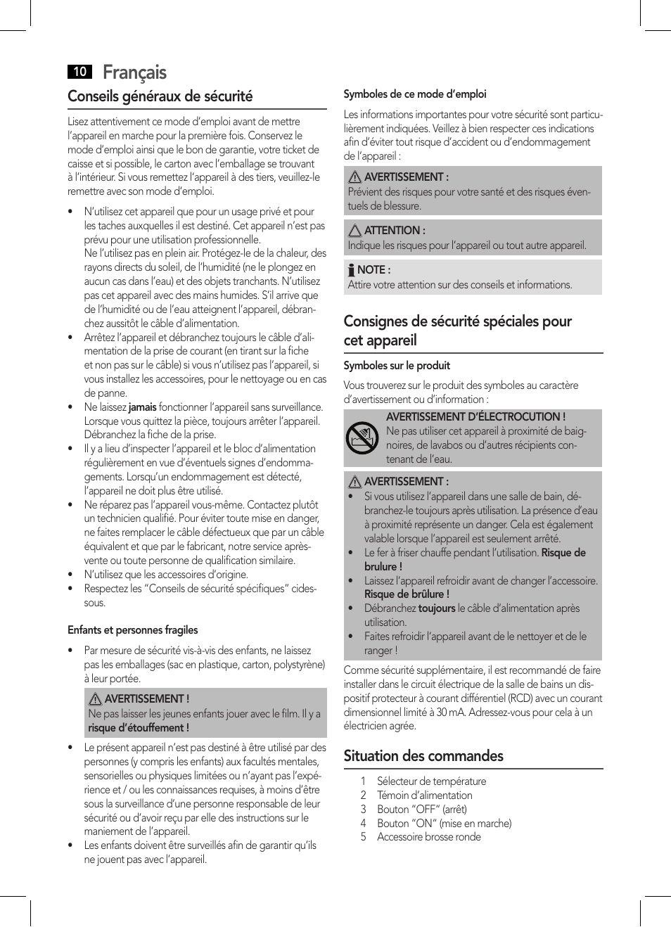 Français, Conseils généraux de sécurité, Consignes de sécurité spéciales pour cet appareil | Situation des commandes | AEG HCS 5577 User Manual | Page 10 / 36