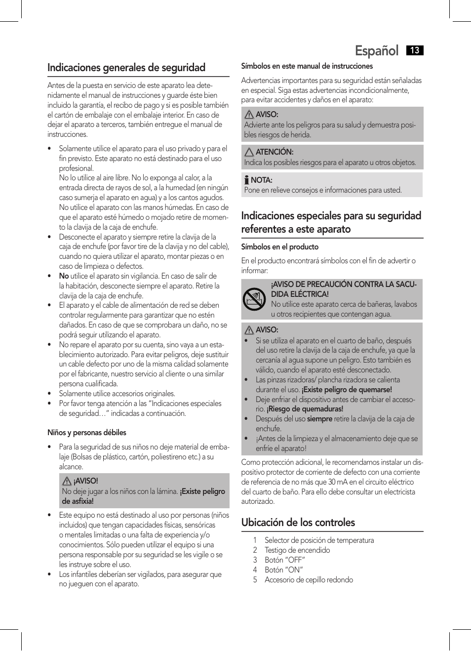 Español, Indicaciones generales de seguridad, Ubicación de los controles | AEG HCS 5577 User Manual | Page 13 / 36