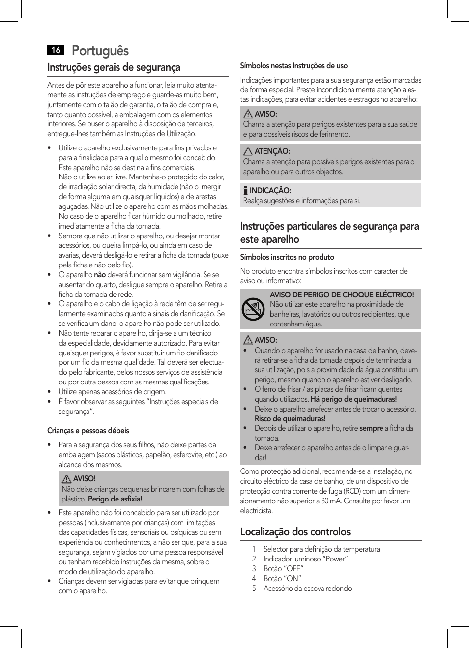 Português, Instruções gerais de segurança, Localização dos controlos | AEG HCS 5577 User Manual | Page 16 / 36