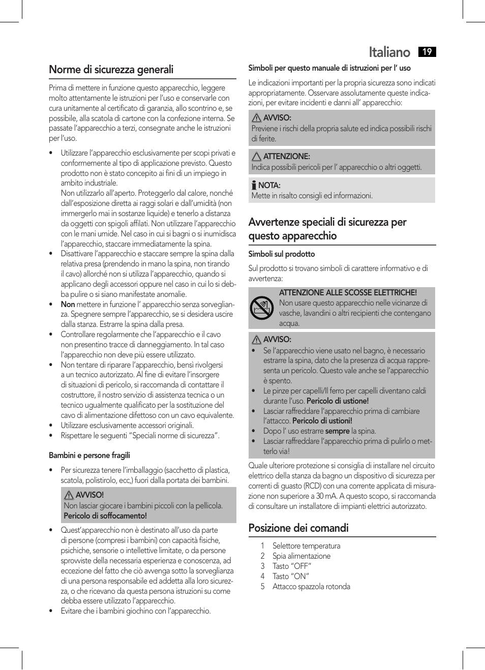 Italiano, Norme di sicurezza generali, Posizione dei comandi | AEG HCS 5577 User Manual | Page 19 / 36