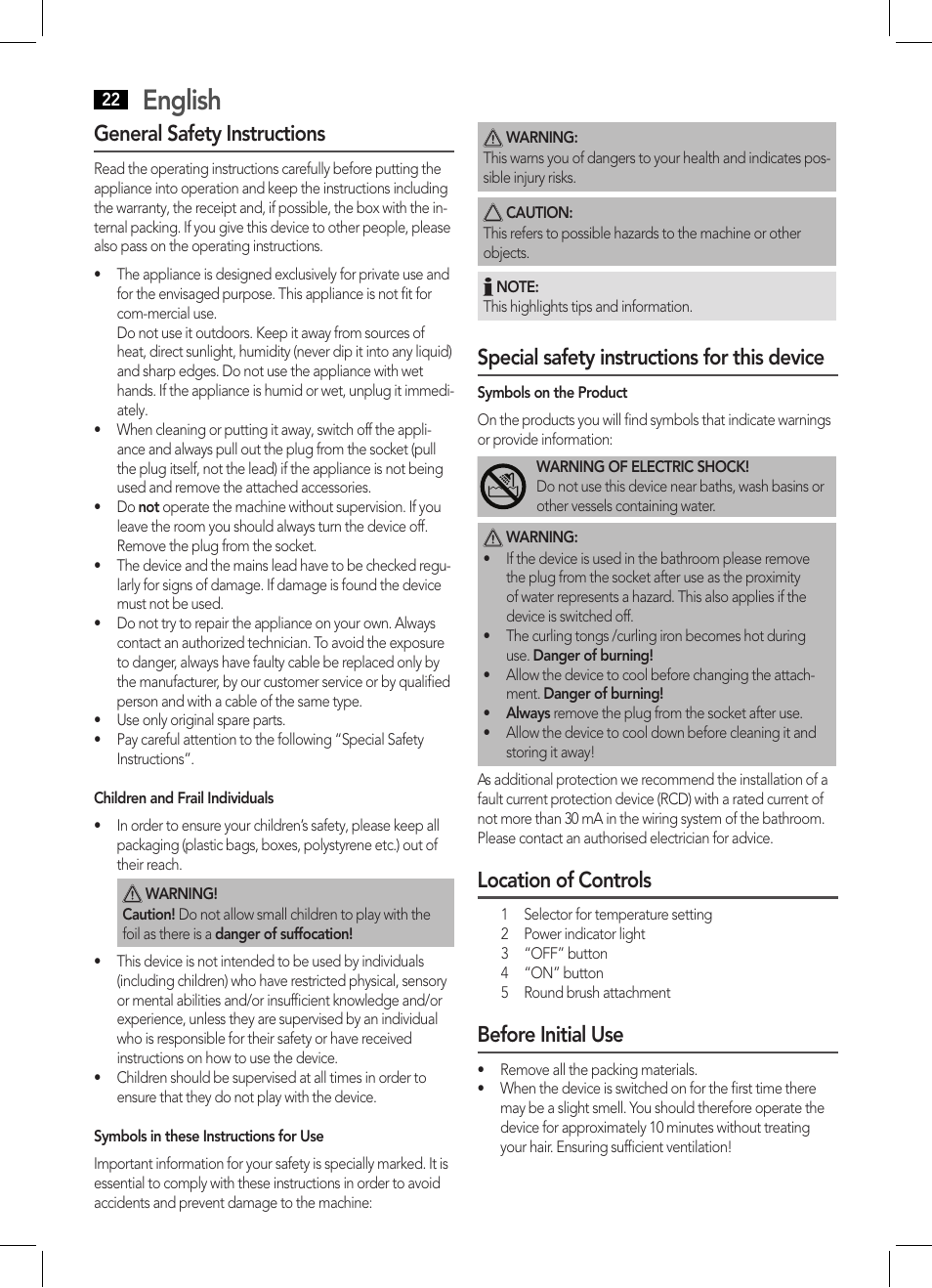 English, General safety instructions, Special safety instructions for this device | Location of controls, Before initial use | AEG HCS 5577 User Manual | Page 22 / 36