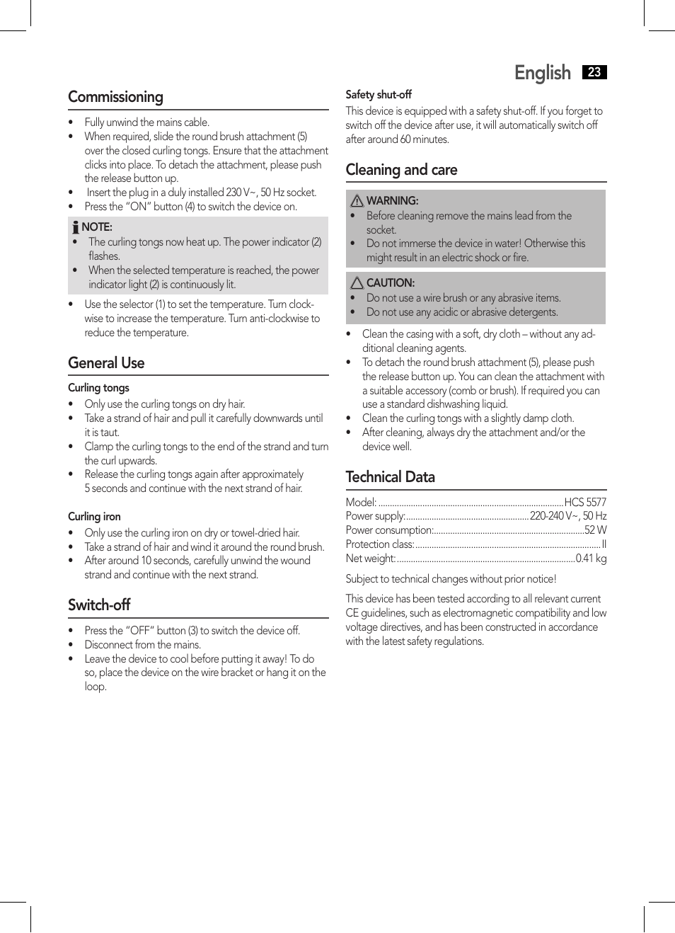 English, Commissioning, General use | Switch-off, Cleaning and care, Technical data | AEG HCS 5577 User Manual | Page 23 / 36