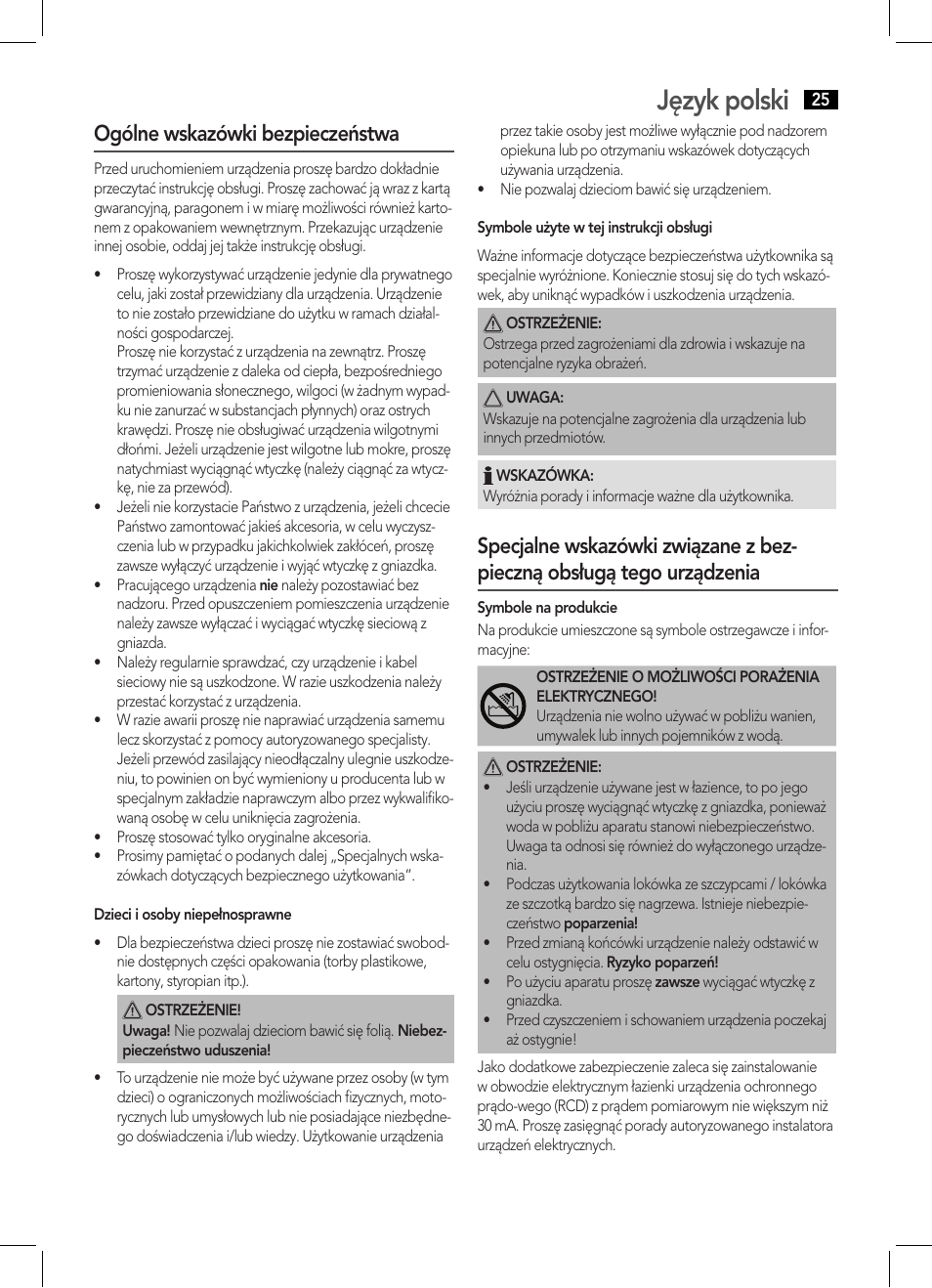 Język polski, Ogólne wskazówki bezpieczeństwa | AEG HCS 5577 User Manual | Page 25 / 36